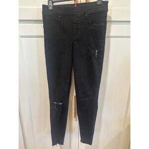 Spanx Distressed Denim Jeggings Black Pull On Medium Wash Ripped Knee